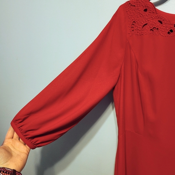 Talbots Bright Red-Orange Lacy Cutout Neckline Sheath w/ Bishop Sleeves Size 8 - Picture 4 of 7